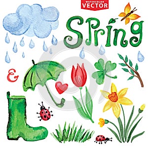 Watercolor Spring icons.Clouds, Word,leaves