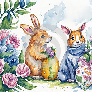 Watercolor spring illustrated of rabbits with Easter eggs and flowers. Easter Bunnies. Generative AI