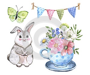 Watercolor spring illustration. Cute baby bunny, floral bouquet in a whimsical tea cup, bunting flags, butterfly on white