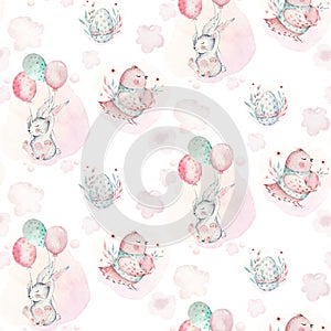 A watercolor spring illustration of the cute easter baby bunny. Rabbit cartoon animal seamless pink pattern with balloon