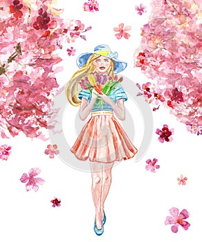 Watercolor spring illustration with cute girl walkin in a park with sakura trees. Young pretty women. Cherry blossom photo