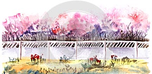Watercolor spring landscape. Blurred scenery of flower bed with red tulips against white carved fence and blooming pink and purple