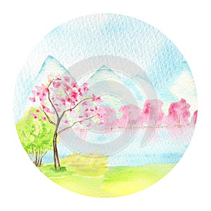 Watercolor Spring landscape, mountains, hills, lake and sakura pink flowers trees, Green nature forest landscape