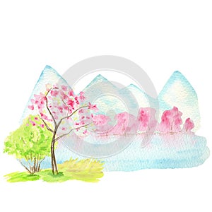 Watercolor Spring landscape, mountains, hills, lake and sakura pink flowers trees, Green nature forest landscape