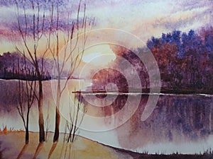 Watercolor spring landscape of a river bank