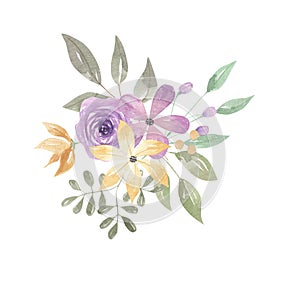 Watercolor Spring Leaves Floral Buds Arrangement Purple Yellow