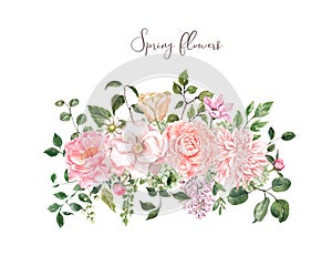 Watercolor spring pink flowers and greenery illustration. Floral wreath