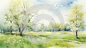 Watercolor Spring: A Poetic Meadow With Lime Trees Illustration photo