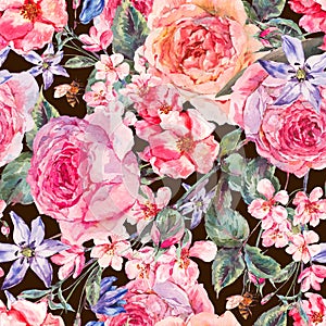 Watercolor spring seamless border with english roses