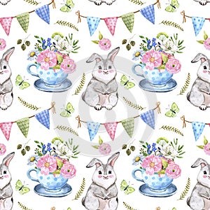 Watercolor spring seamless pattern. Cute baby bunny, floral bouquet in a whimsical tea cup, bunting flags, butterfly on white