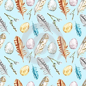 Watercolor spring seamless pattern with eggs, willow tree branches, assorted colorful feathers on blue background.