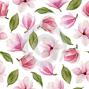 Watercolor spring seamless pattern with magnolia flowers and lea