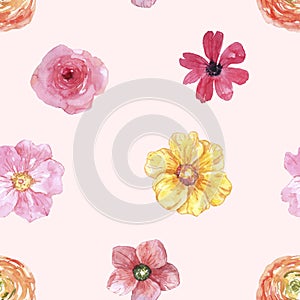 Watercolor spring or summer floral seamless pattern. Cute botanical print, blooming meadow illustration with flowers