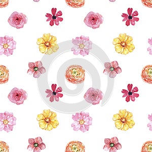 Watercolor spring or summer floral seamless pattern. Cute botanical print, blooming meadow illustration with pink flowers