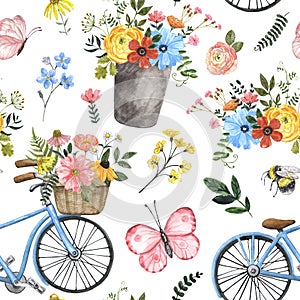 Watercolor spring or summer flowers and bicycle seamless pattern. Cute botanical print, blooming meadow illustration