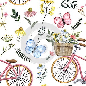 Watercolor spring or summer flowers and bicycle seamless pattern. Cute botanical print, blooming meadow illustration with bike