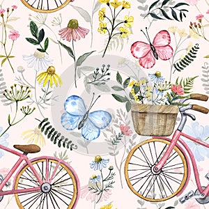 Watercolor spring or summer flowers and bicycle seamless pattern. Cute botanical print, blooming meadow illustration with bike