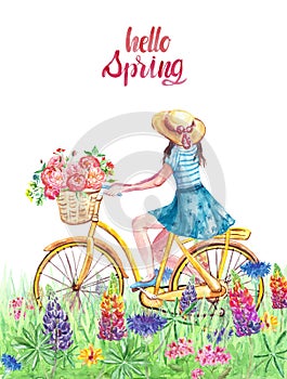Watercolor spring and summer illustration with girl riding on bicycle in meadow with grass and wildflowers.