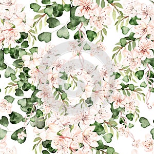 Watercolor spring tropical pattern with flowers, eucalyptus leaves.