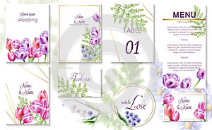 Watercolor spring wedding event invitation cards with tulip and bluebell flowers