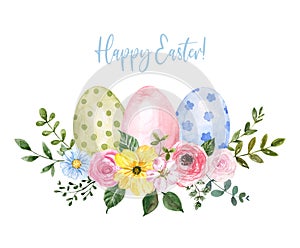 Watercolor spring wreath with eggs and flowers, isolated on white background. Decorative nest for Easter cards