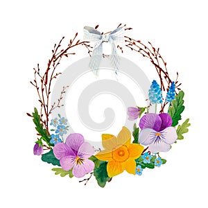 Watercolor spring wreath isolated with birch twigs and flowers