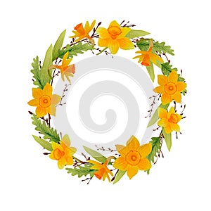 Watercolor spring wreath isolated with birch twigs and flowers