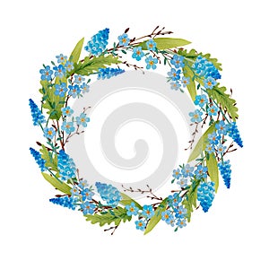 Watercolor spring wreath isolated with birch twigs and flowers