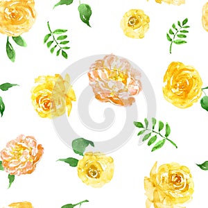 Watercolor spring yellow floral seamless pattern on white background. Bright flowers repeat print