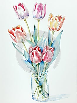 Watercolor springtime tulips in a vase. photo