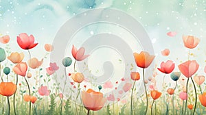 Watercolor springtime widescreen background with colorful illustrated flowers at the bottom, room for copyspace at top