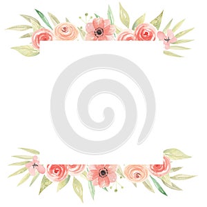 Watercolor Square Flowers Peach Coral Floral Frame Leaves