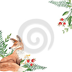 Watercolor square forest frame, border with fox, fern, green branches, red and yellow berries and wildflowers isolated