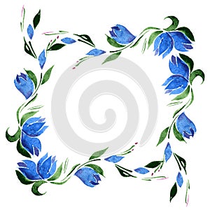 Watercolor Square frame of blue bell flowers and green leaves. Vector. Isolate.