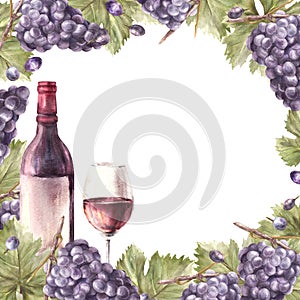 Watercolor frame bunch of grapes, leaves with bottle and glass red wine. Hand painted illustration