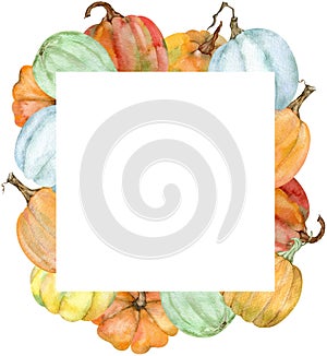 Watercolor square frame with colorful pumpkins. Botanical autumn illustration. Thankgiving and fall template