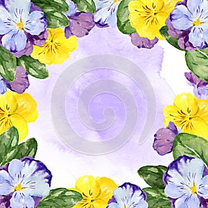 watercolor square frame with hand drawn pansy flowers and leaves, violet and yellow spring flowers, summer illustration