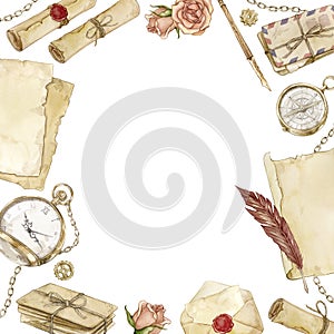 Watercolor square frame with letters, pocket watch, compass, roses, old paper and scrolls isolated on a white.