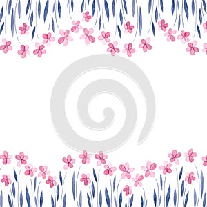 Watercolor square frame with small pink flowers and twigs of leaves on a white background. photo