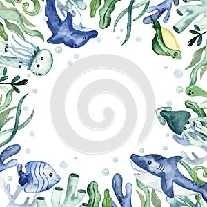 Watercolor square frame with underwater creatures, algae