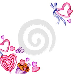 Watercolor square frame of valentine day theme with heart, candy, sweets and muffins, hand draw illustration, pink and