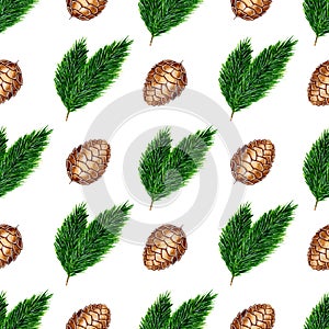 Watercolor square seamless pattern with green spruce twigs and brown cones,on white backgroun