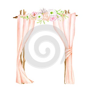 Watercolor square wedding arch with flowers. Hand drawn wood archway, peach color curtains, floral arrangement isolated