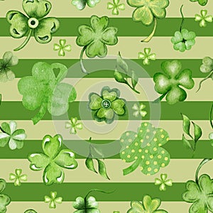 Watercolor St Patrick seamless pattern with clover, rainbow. Coins, shamrock. Irish. Celtic. St Patrick's Day.