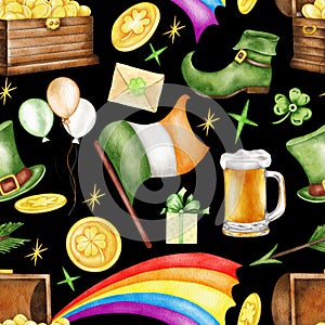 Watercolor St Patrick seamless pattern with clover, rainbow. Coins, shamrock. Irish. Celtic. St Patrick's Day.