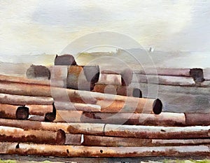 Watercolor of stack of iron pipes on a construction site