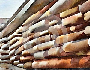 Watercolor of stack of iron pipes on a construction site