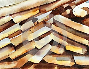 Watercolor of stack of iron pipes on a construction site