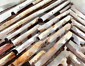 Watercolor of stack of iron pipes on a construction site