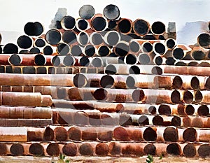 Watercolor of stack of iron pipes on a construction site
